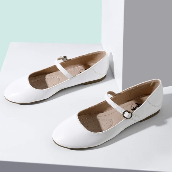 Trary Women White Leather Round Toe Ankle Strap Comfortable Ballet Flats Shoes - Picture 5 of 7